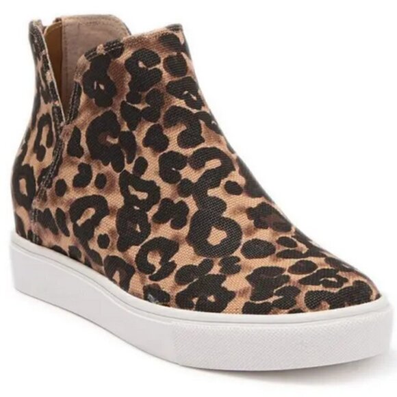 STEVE MADDEN Claud Leopard Print Back Zip Bootie High Top Wedge Sneaker Sz 5 NEW - Picture 1 of 12